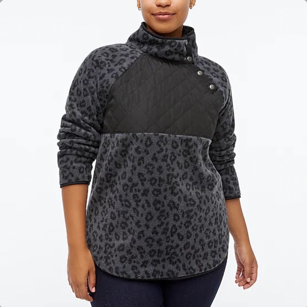 NWT J.Crew Quilted Button Neck Sherpa Tunic Black Leopard Large
